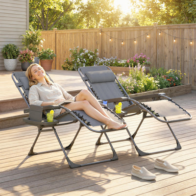 Outsunny Zero Gravity Chairs Set of 2, Folding Sunloungers Reclining Garden Chairs with Cup Holder, Headrest, Dark Grey AOSOM