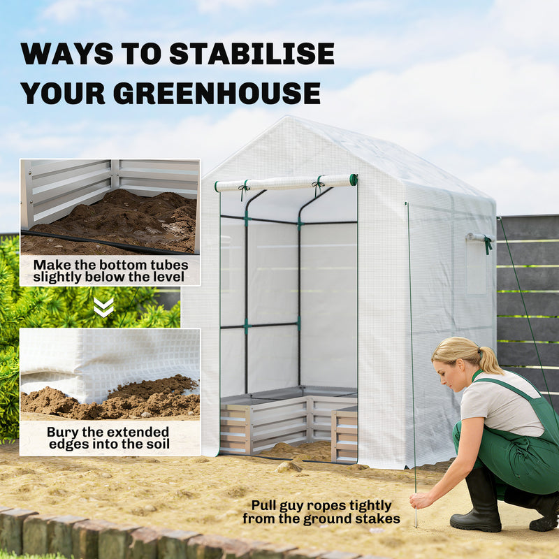 Mini Walk In Greenhouse With Raised Garden Bed And Roll Up Windows For Outdoor Growing White Outsunny