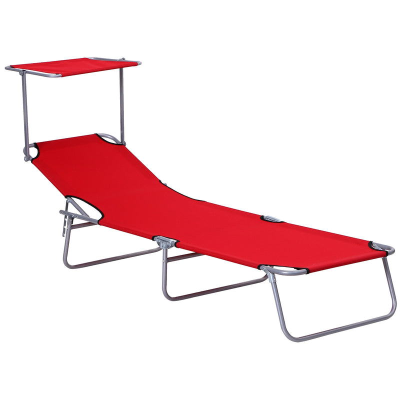 Red Folding Reclining Sun Lounger with Adjustable Canopy for Beach or Garden Relaxation