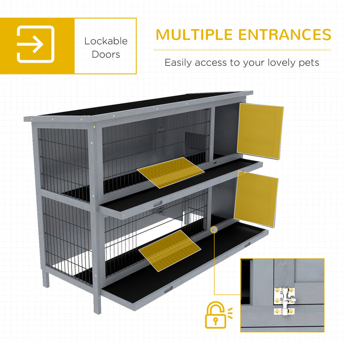 Grey Wooden Rabbit Hutch Outdoor Guinea Pig Cage with No-Leak Trays and Divider by PawHut