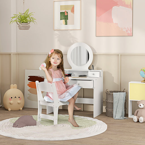 Kids Dressing Table Set with Stool and Mirror for Makeup Play and Storage Drawers, White