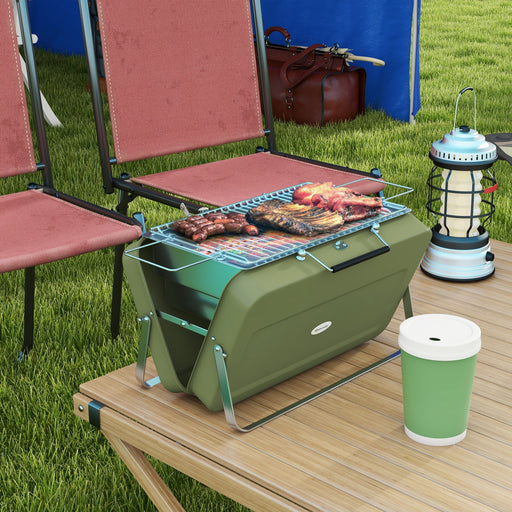 Green Portable Metal BBQ Grill With Carry Handle For Camping And Outdoor Cooking