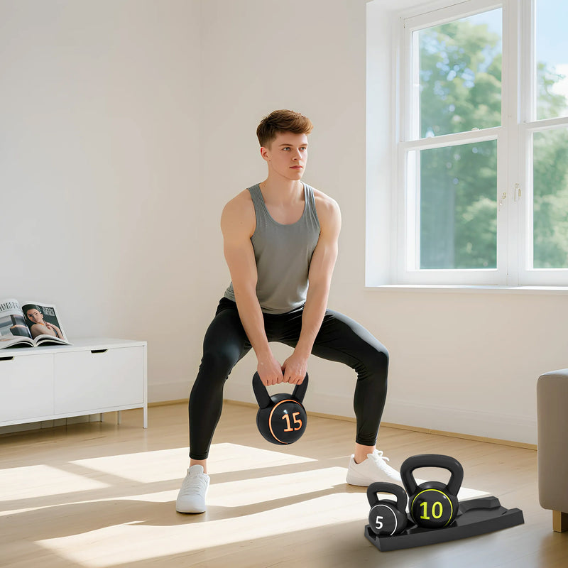Three Piece Kettlebell Weight Set With Storage Tray For Home Fitness Training Grey AOSOM