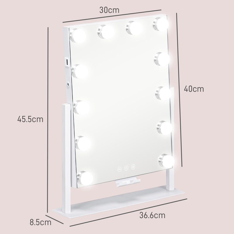 Tabletop Makeup Mirror with 12 LED Bulbs and Adjustable Light Settings for Dressing Tables, White