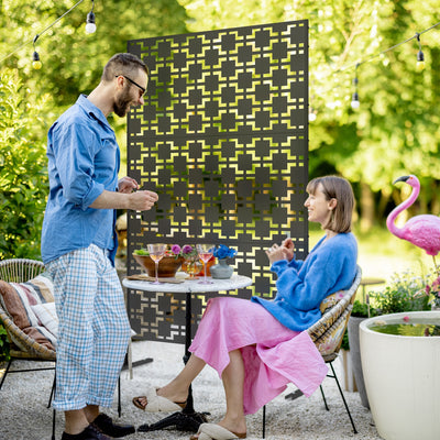 Metal Privacy Screen Outdoor Garden Divider with Decorative Grid Panel Design, Black
