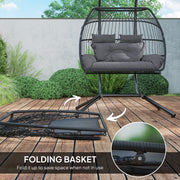 Dark Grey Rattan Double Hanging Egg Chair With Cushions And Stand For Garden by Outsunny