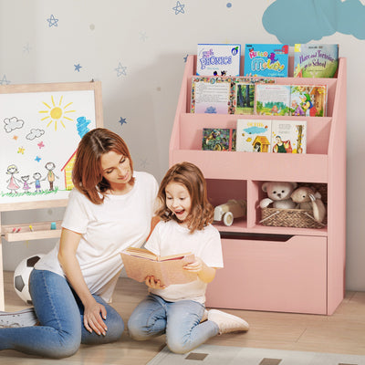 Kids Bookshelf and Toy Organiser with Drawer and Wheels for Easy Storage, Pink