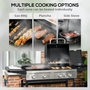 Black 15kW Deluxe Duo Gas BBQ Grill With Plancha and Side Burner For Outdoor Cooking Outsunny