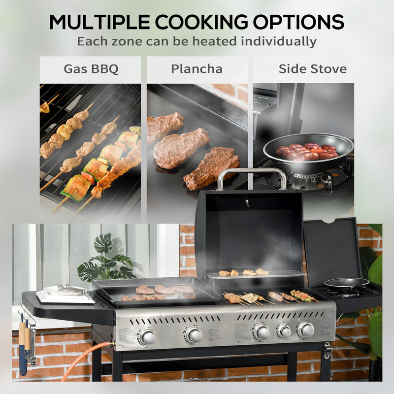 Black 15kW Deluxe Duo Gas BBQ Grill With Plancha and Side Burner For Outdoor Cooking Outsunny