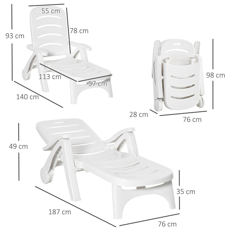 White Folding Sun Lounger Recliner With Wheels and 5 Position Backrest For Garden Use