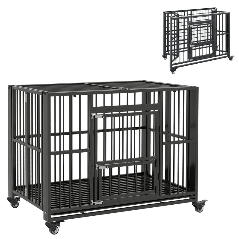 Heavy Duty Foldable Dog Crate With Wheels Open Top and Tray for Large Dogs, Black