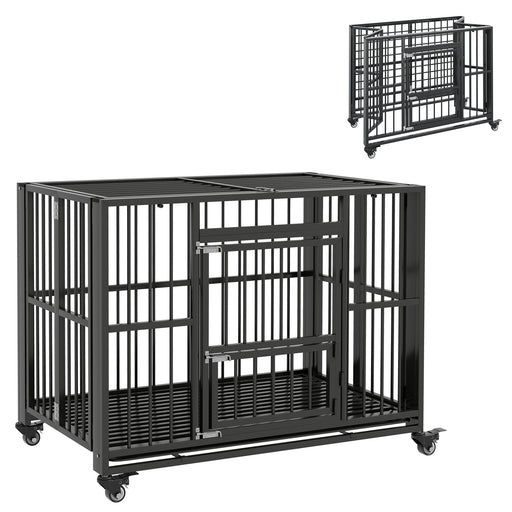 Heavy Duty Foldable Dog Crate With Wheels Open Top and Tray for Large Dogs, Black