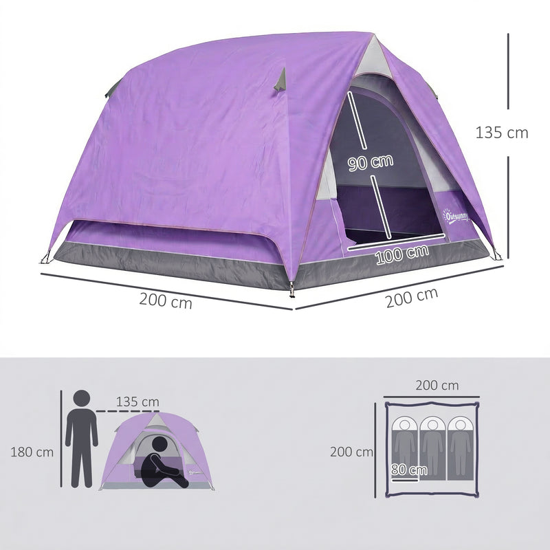 3 Person Waterproof Dome Tent for Quick Camping Shelter with Mesh Windows Purple Grey