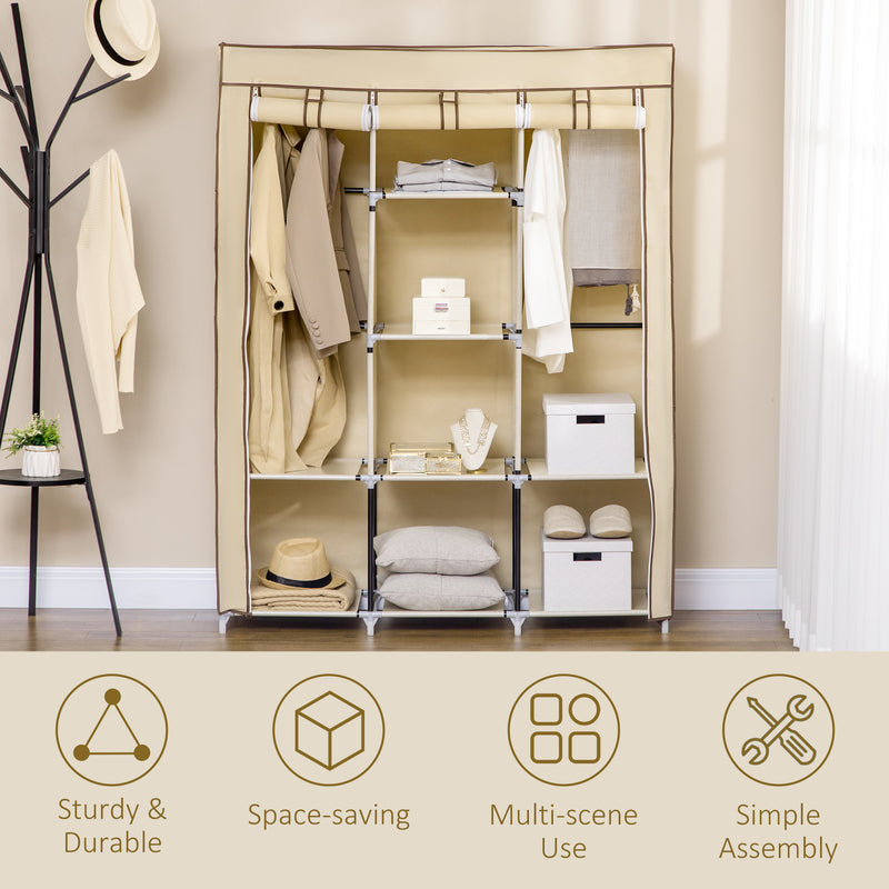 Beige Fabric Portable Wardrobe with 8 Shelves and 2 Hanging Rods by HOMCOM