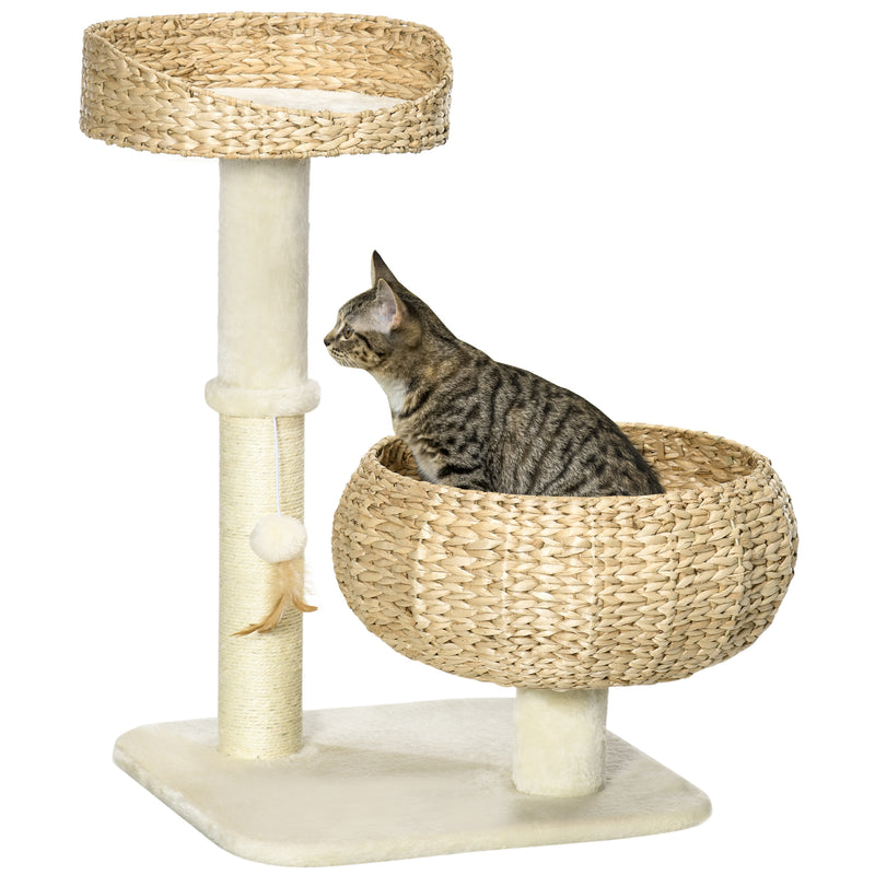 Cat Tree Tower With Sisal Scratching Post Two Soft Beds And Hanging Toy Ball Grey