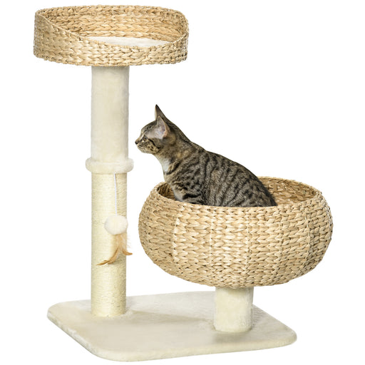 Cat Tree Tower With Sisal Scratching Post Two Soft Beds And Hanging Toy Ball Grey