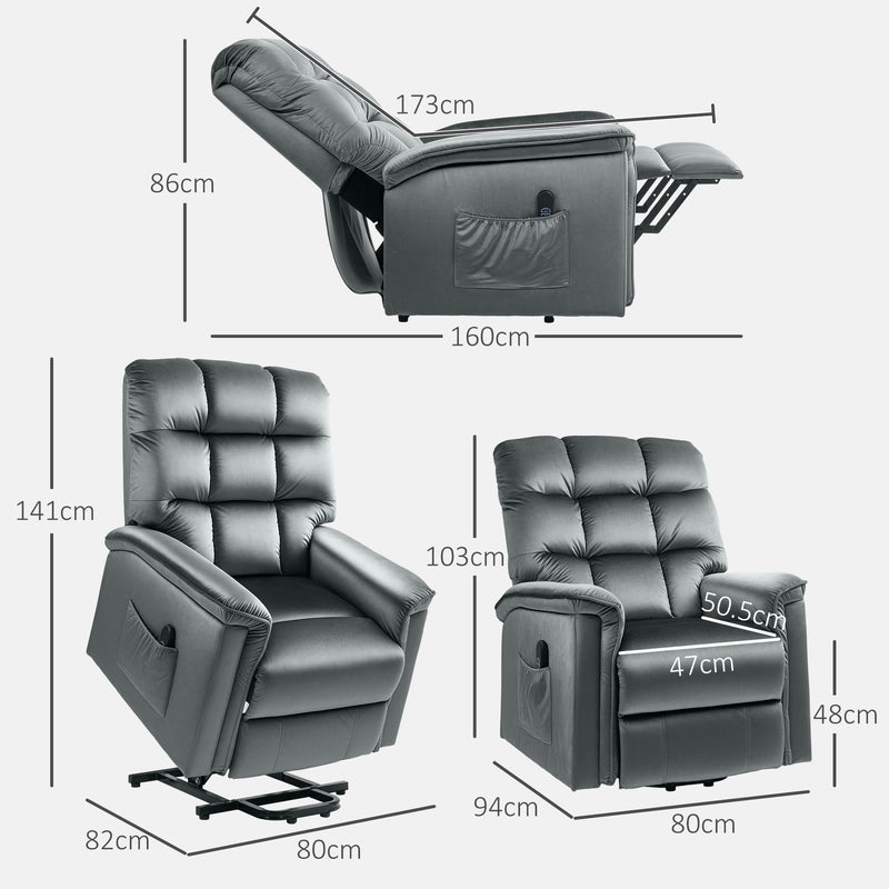 Dark Grey Velvet Feel Electric Lift Recliner Chair for Comfort and Support by HOMCOM