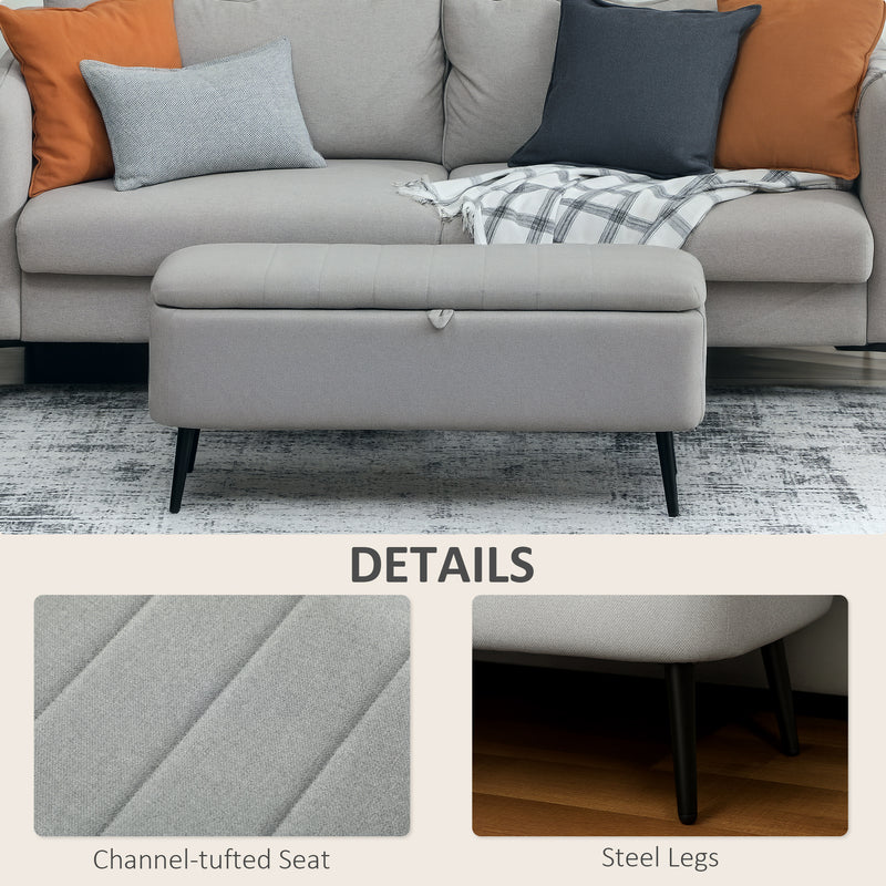 Linen Look Storage Ottoman Bench With Padded Seat And Hidden Compartment Light Grey