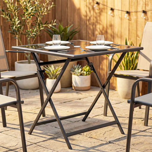 Foldable Square Garden Dining Table with Parasol Hole for Outdoor Meals and Easy Storage, Black