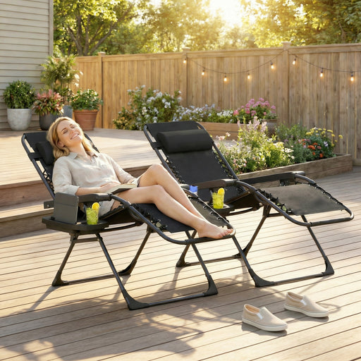 Foldable Zero Gravity Reclining Garden Lounger Chairs Set of 2 with Tray & Cup Holder, Black