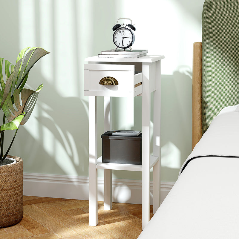 Slim Bedside Table Set with Drawer and Shelf for Small Spaces White Homcom