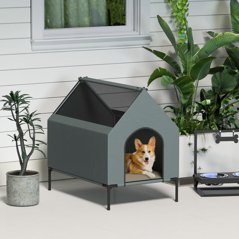 Elevated Outdoor Dog Bed with Mesh Windows and Storage for Small Dogs Grey