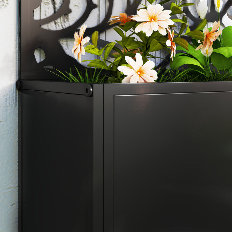 Metal Planter with Leaf Trellis Privacy Panel for Garden or Patio Black Outsunny