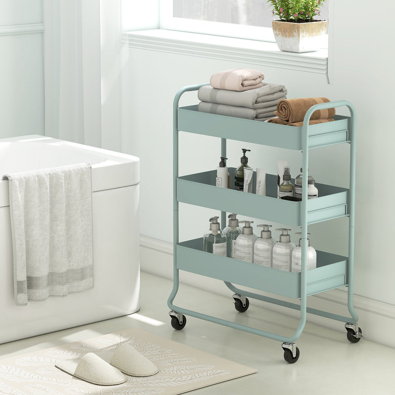 3 Tier Rolling Storage Trolley With Mesh Baskets For Kitchen Or Bathroom Use Light Green
