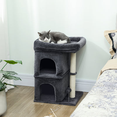 Cat Tree Tower with Two Condos and Scratching Post for Large Cats 66cm Dark Grey AOSOM