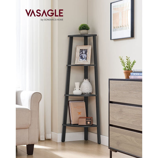 Image of a Freestanding 4 Shelf Corner Display Unit - Perfect for utilising unused spaces in the corners of your rooms. Finished in a stylish charcoal grey with a black metal frame. 