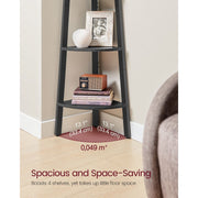 Image of a Freestanding 4 Shelf Corner Display Unit - Perfect for utilising unused spaces in the corners of your rooms. Finished in a stylish charcoal grey with a black metal frame. 