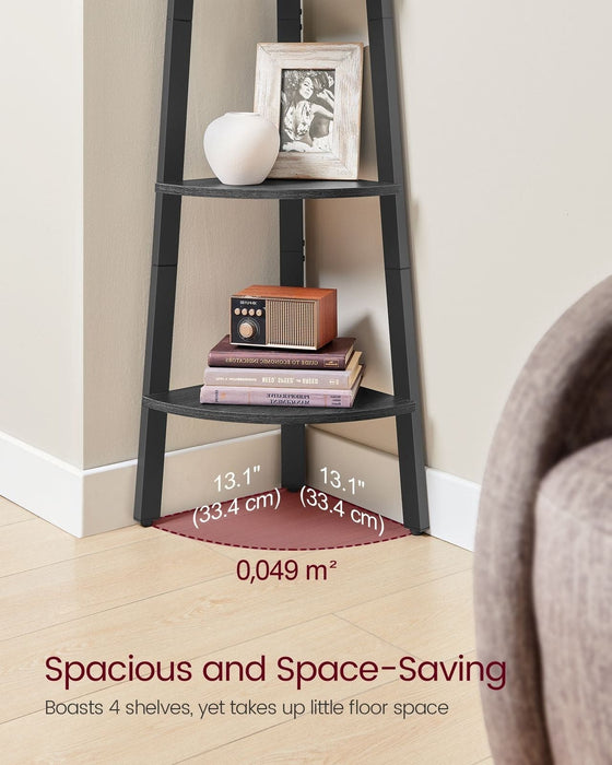 Image of a Freestanding 4 Shelf Corner Display Unit - Perfect for utilising unused spaces in the corners of your rooms. Finished in a stylish charcoal grey with a black metal frame. 