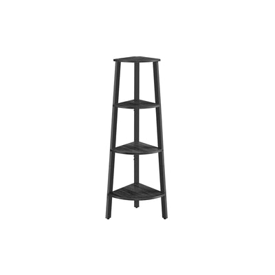 Image of a Freestanding 4 Shelf Corner Display Unit - Perfect for utilising unused spaces in the corners of your rooms. Finished in a stylish charcoal grey with a black metal frame. 