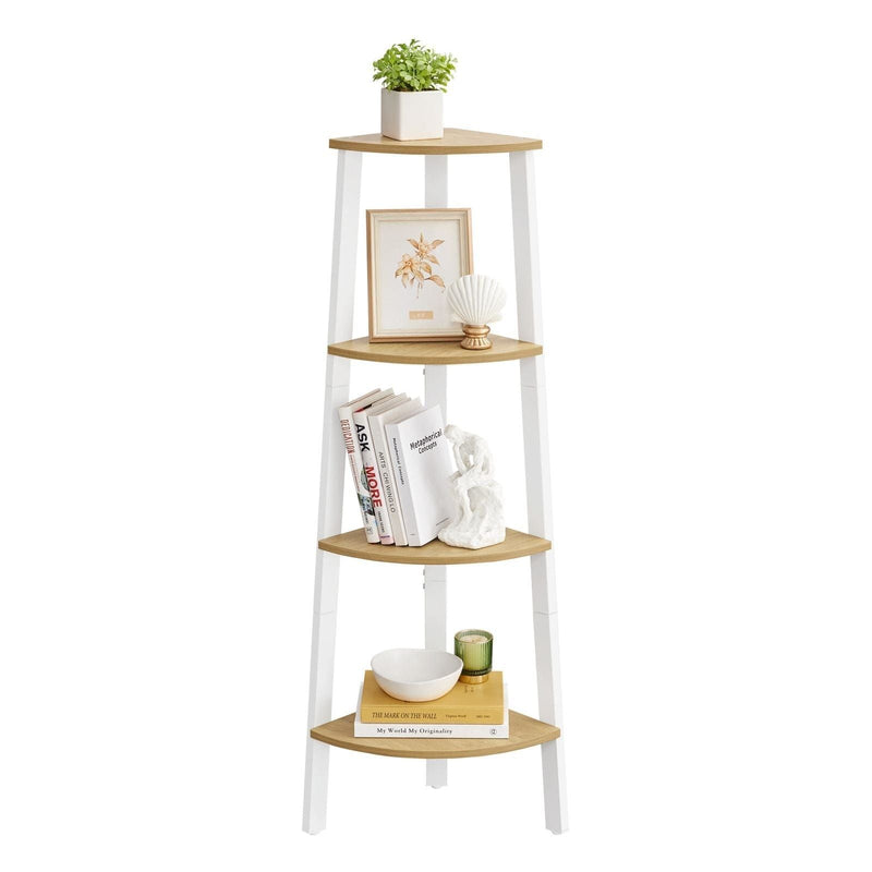 Image of a Freestanding 4 Tier Corner Display Unit - Perfect for utilising unused spaces in the corners of your rooms. Finished in a country style oak with a white steel frame.