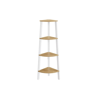 Image of a Freestanding 4 Tier Corner Display Unit - Perfect for utilising unused spaces in the corners of your rooms. Finished in a country style oak with a white steel frame.