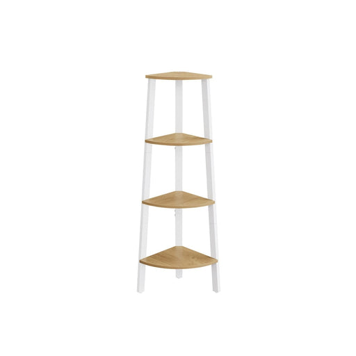 Image of a Freestanding 4 Tier Corner Display Unit - Perfect for utilising unused spaces in the corners of your rooms. Finished in a country style oak with a white steel frame.