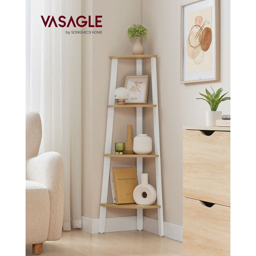 Image of a Freestanding 4 Tier Corner Display Unit - Perfect for utilising unused spaces in the corners of your rooms. Finished in a country style oak with a white steel frame.