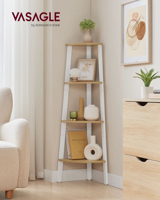Image of a Freestanding 4 Tier Corner Display Unit - Perfect for utilising unused spaces in the corners of your rooms. Finished in a country style oak with a white steel frame.