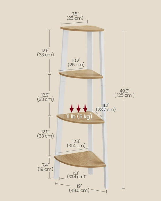 Image of a Freestanding 4 Tier Corner Display Unit - Perfect for utilising unused spaces in the corners of your rooms. Finished in a country style oak with a white steel frame.