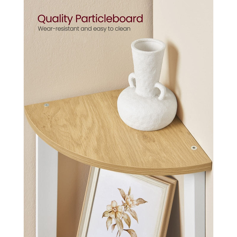 Image of a Freestanding 4 Tier Corner Display Unit - Perfect for utilising unused spaces in the corners of your rooms. Finished in a country style oak with a white steel frame.