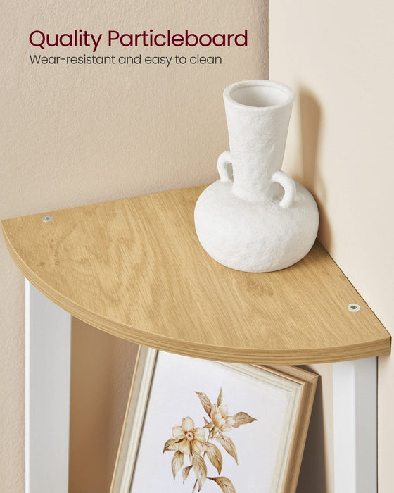 Image of a Freestanding 4 Tier Corner Display Unit - Perfect for utilising unused spaces in the corners of your rooms. Finished in a country style oak with a white steel frame.
