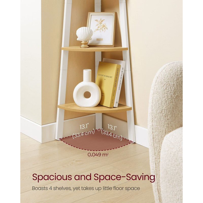 Image of a Freestanding 4 Tier Corner Display Unit - Perfect for utilising unused spaces in the corners of your rooms. Finished in a country style oak with a white steel frame.