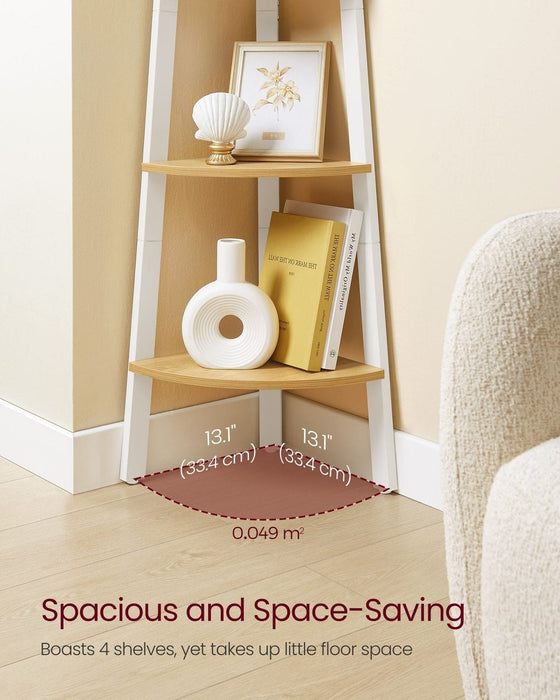 Image of a Freestanding 4 Tier Corner Display Unit - Perfect for utilising unused spaces in the corners of your rooms. Finished in a country style oak with a white steel frame.