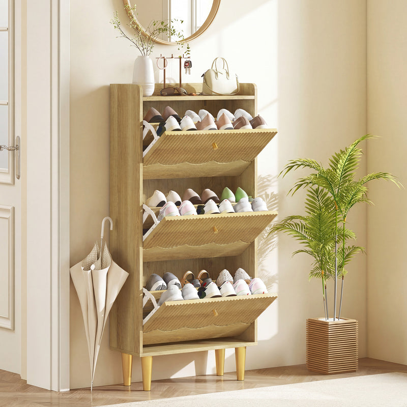 Shoe Storage Cabinet for Narrow Hallways with Adjustable Shelves and Top Shelf Oak Gold AOSOM