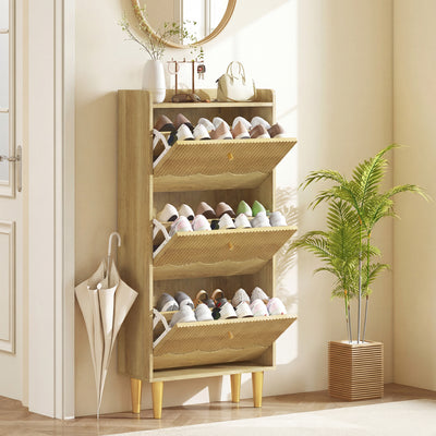 Shoe Storage Cabinet for Narrow Hallways with Adjustable Shelves and Top Shelf Oak Gold AOSOM