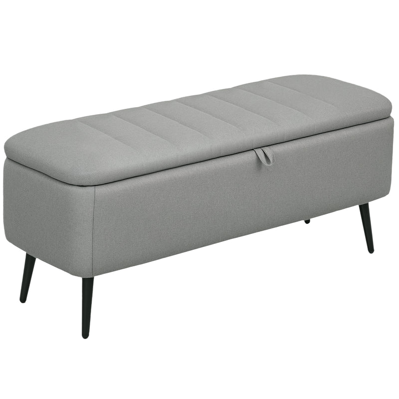 Linen Look Storage Ottoman Bench With Padded Seat And Hidden Compartment Light Grey