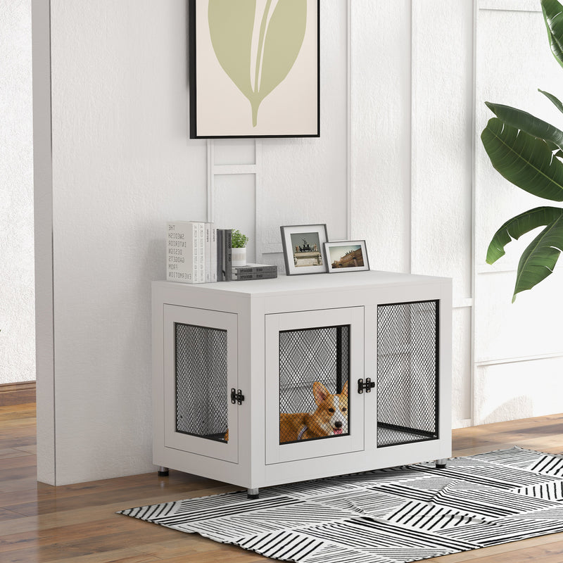 2 in 1 Dog Crate and Side Table with Cushion and Double Doors for Large Dogs Grey