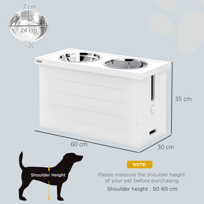White Raised Dog Bowl Stand With Slow Feeder Mat Storage Cabinet and 3 Stainless Steel Bowls by PawHut