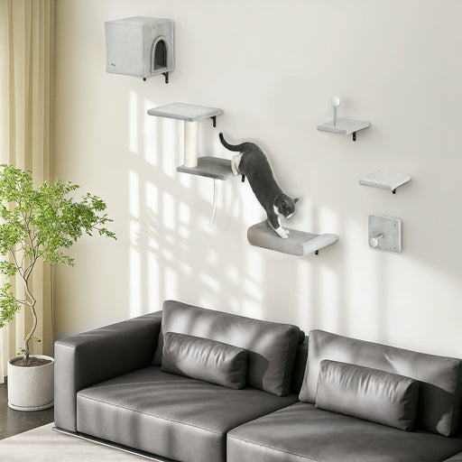 Grey 6 Piece Cat Wall Shelves Set with Bed Scratching Post and Toy Ball by PawHut