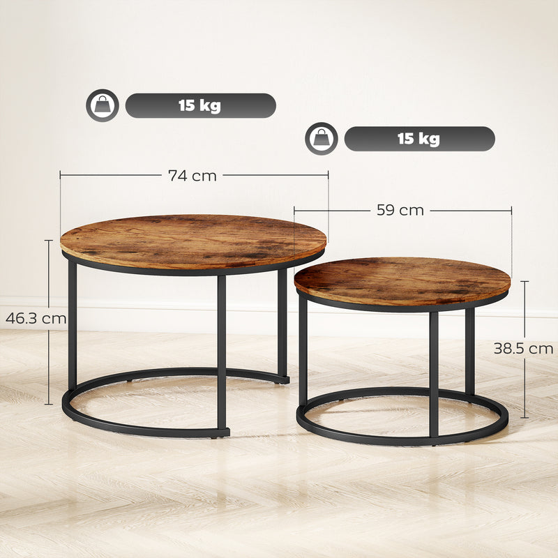 Set of 2 Round Nesting Coffee Tables with Metal Frame Ideal for Living Room Use Rustic Brown